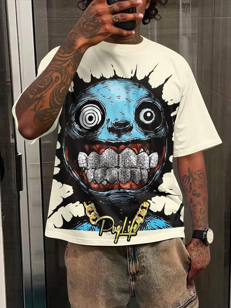 PAVTROS Manfinity Streetrush Men's Slogan & Cartoon Print Casual Crew Neck Short Sleeve T-Shirt Graphic Tees Funny